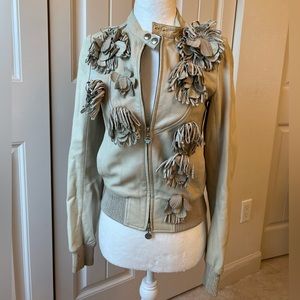 Patrizia Pepe Italy Lambskin Lamb Leather sand Beige Bomber Jacket XS 0 38 2000s